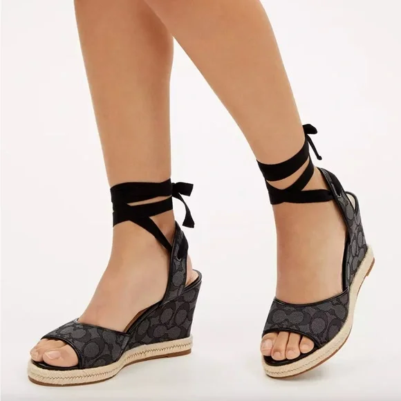 7.5B Coach Black Wedge Sandals Patrice Sig Espdrill Black/Smoke/Coal Box incl’d - Picture 3 of 14